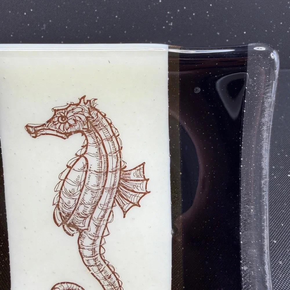 Fused Glass Seahorse Trinket Dish Square Coastal Navy Amber 5in Plate‎